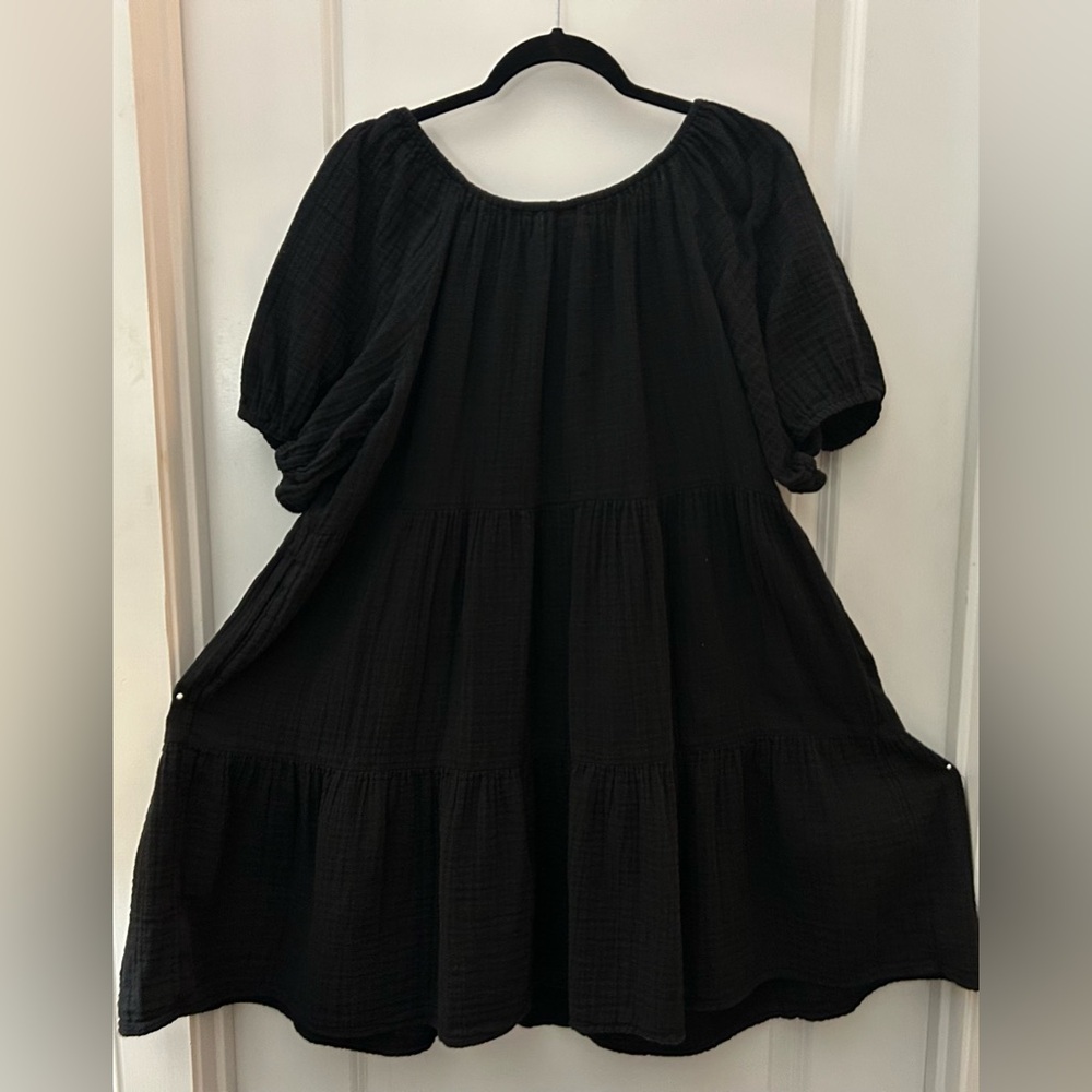 Preowned•Old Navy Black Puff Sleeve Gauze Tiered Peasant Dress•Size XL•2 Pocket - Picture 4 of 9